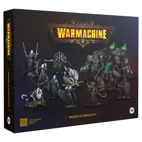 frozen and forgotten front of box with two opposing miniature armies