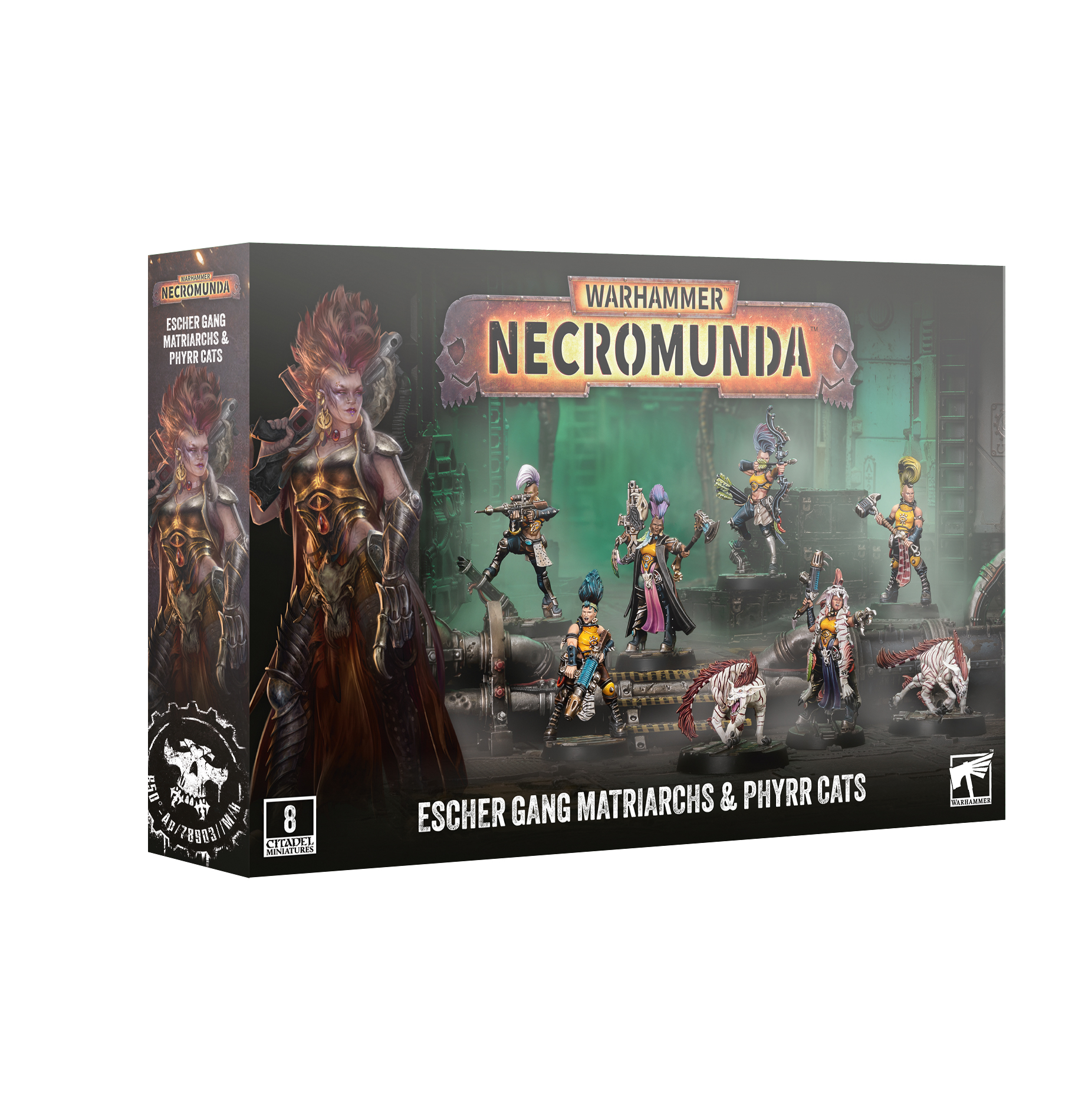 front of box featuring painted miniatures of six women with mow hawks and two striped cat creatures