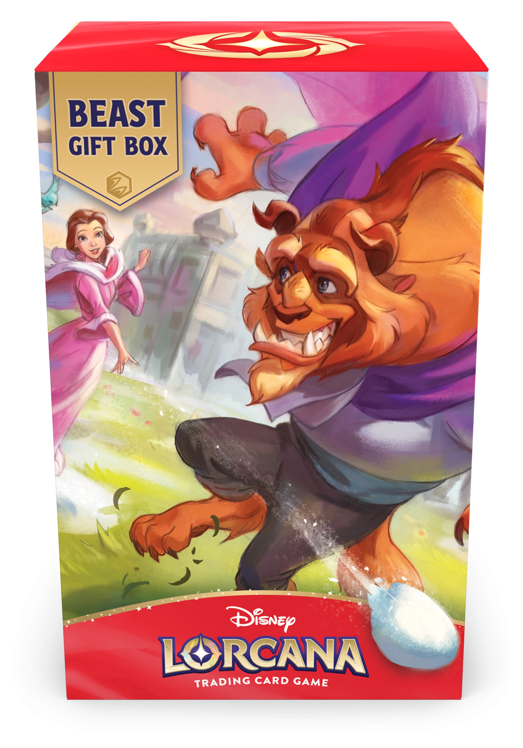 gift box featuring belle and beast in winter outfits