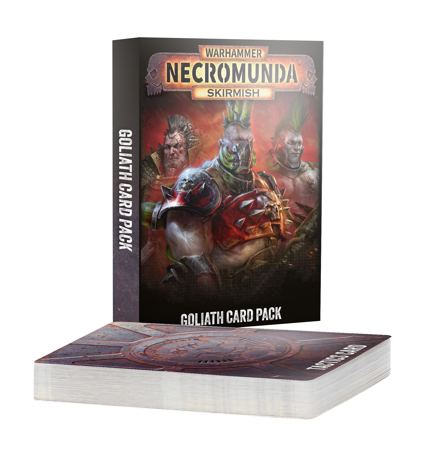 stack of cards beside pack featuring art of three men with mow hawks and cybernetics
