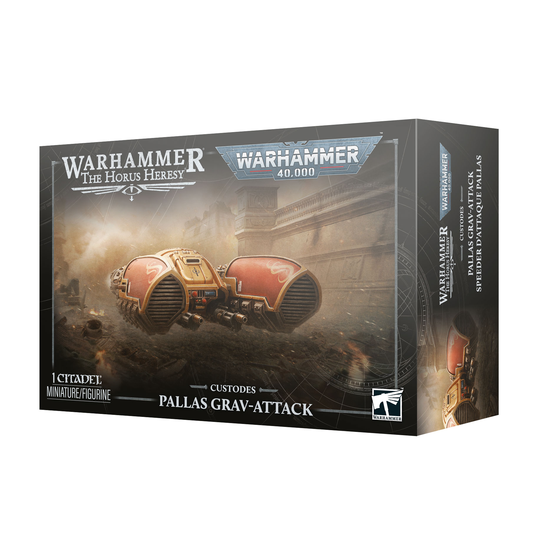 front of box featuring art of two pronged hover bike in red and gold