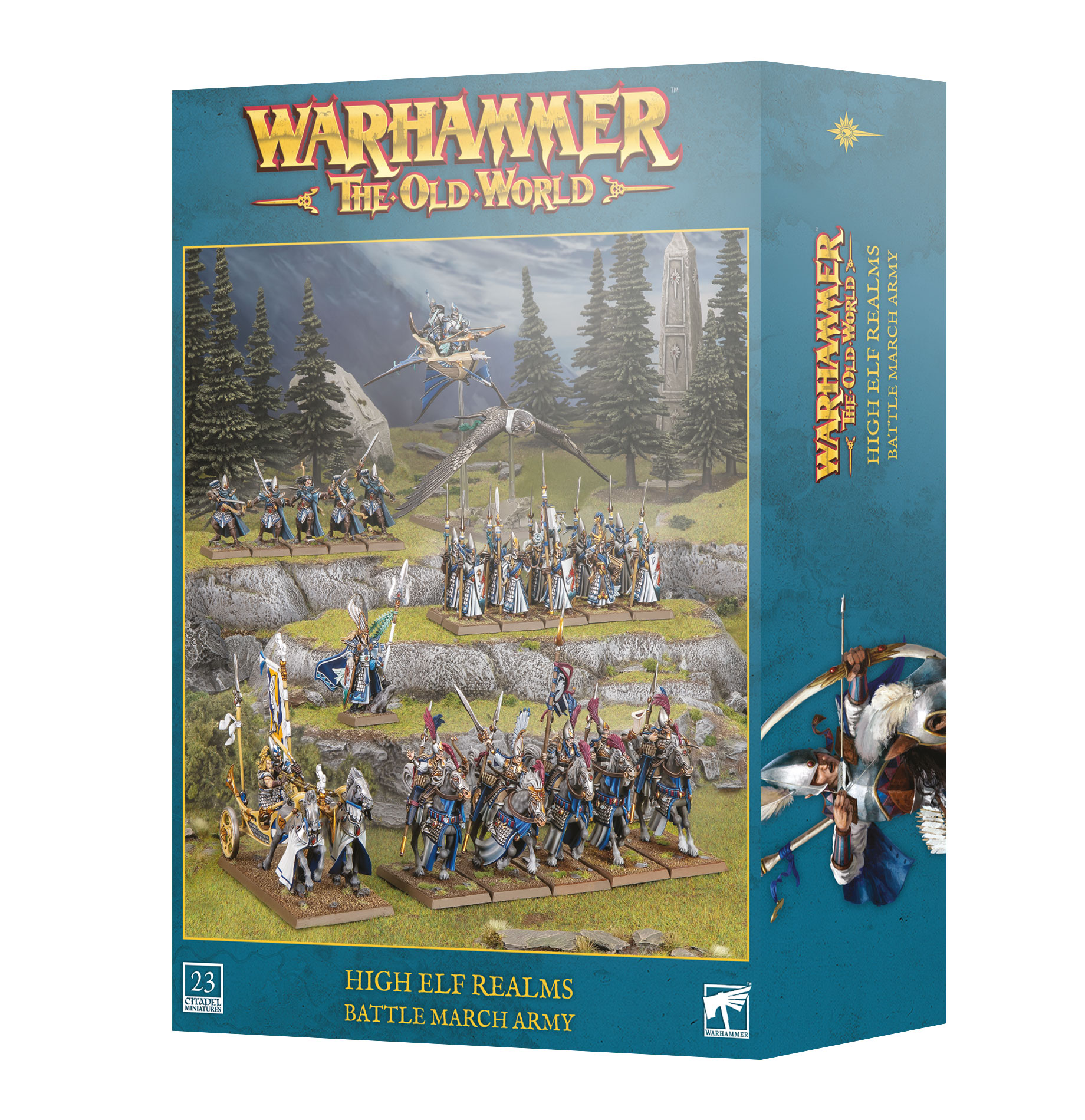 blue box with gold text and diorama of painted elf miniatures in blue and white