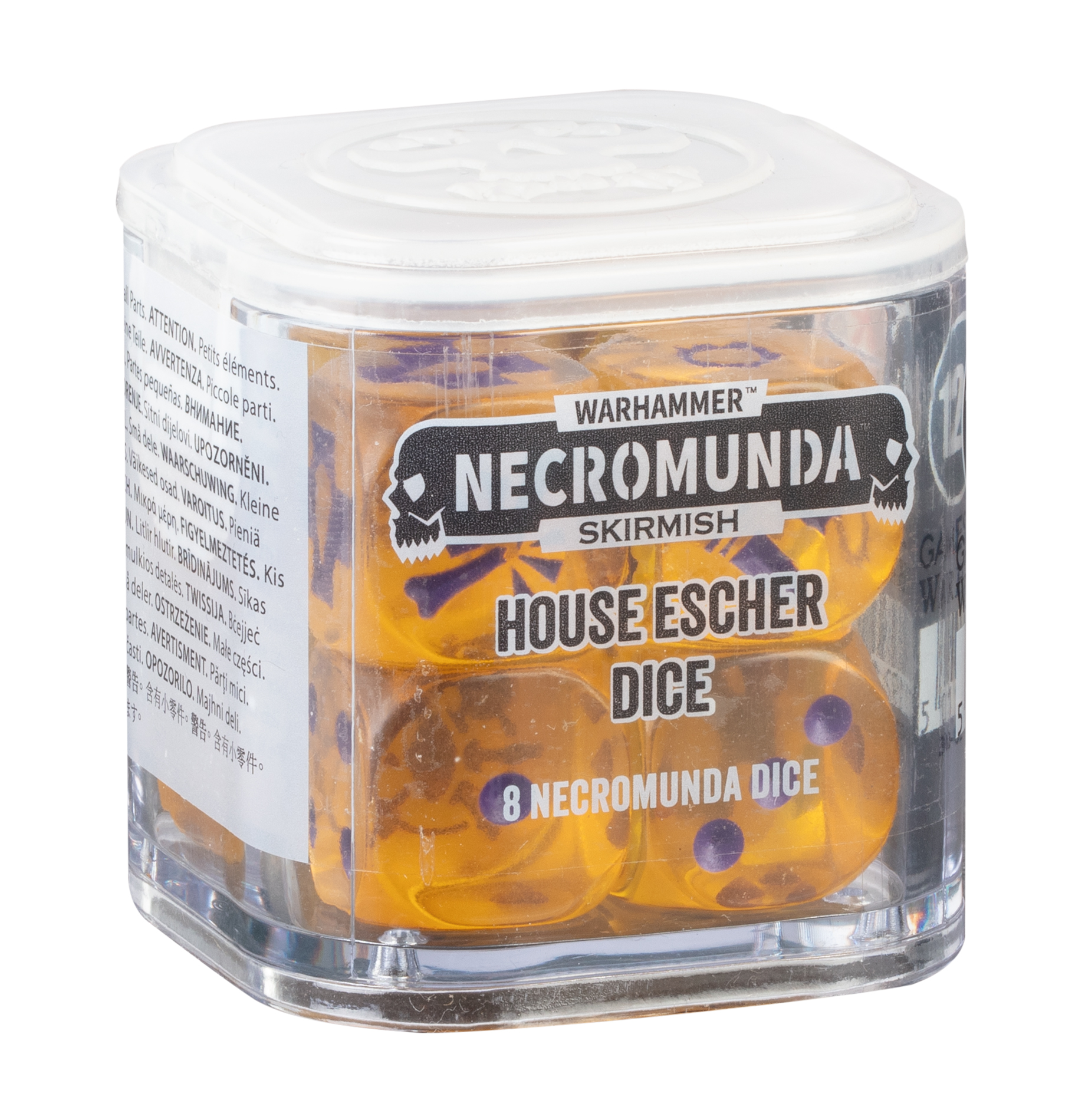 clear cube of eight yellow dice with purple markings