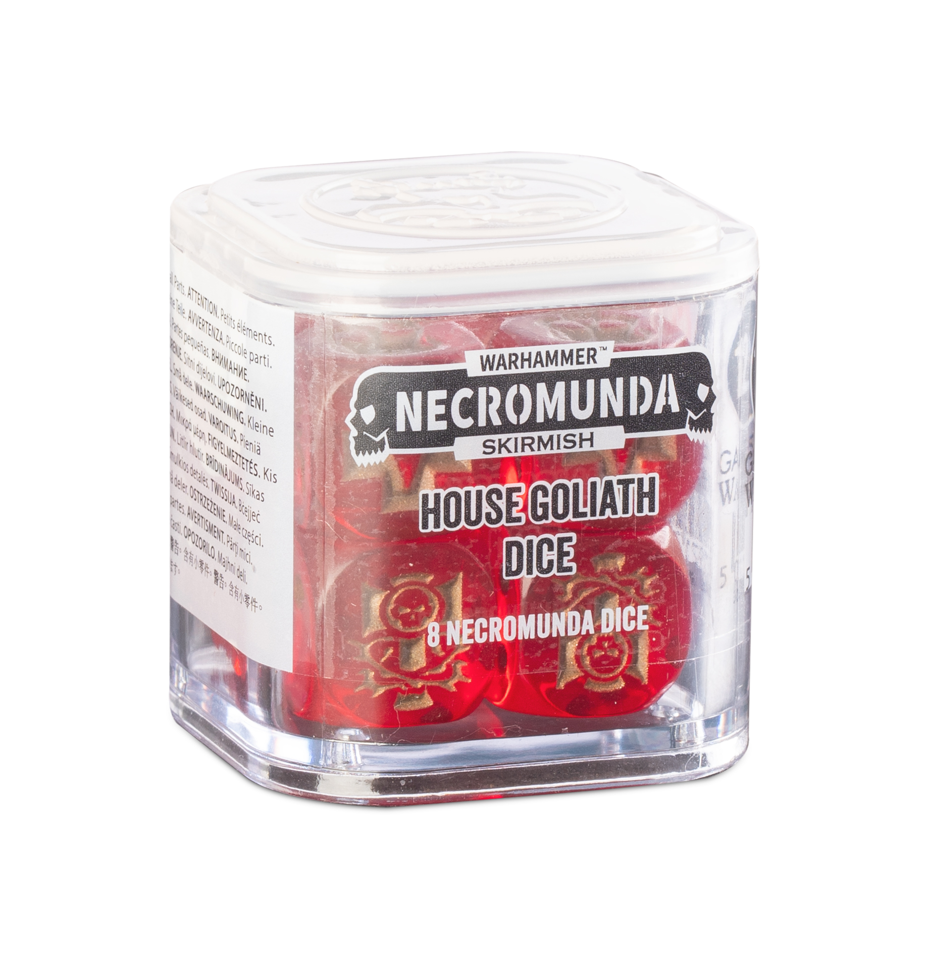 clear cube with eight transparent red dice with copper markings