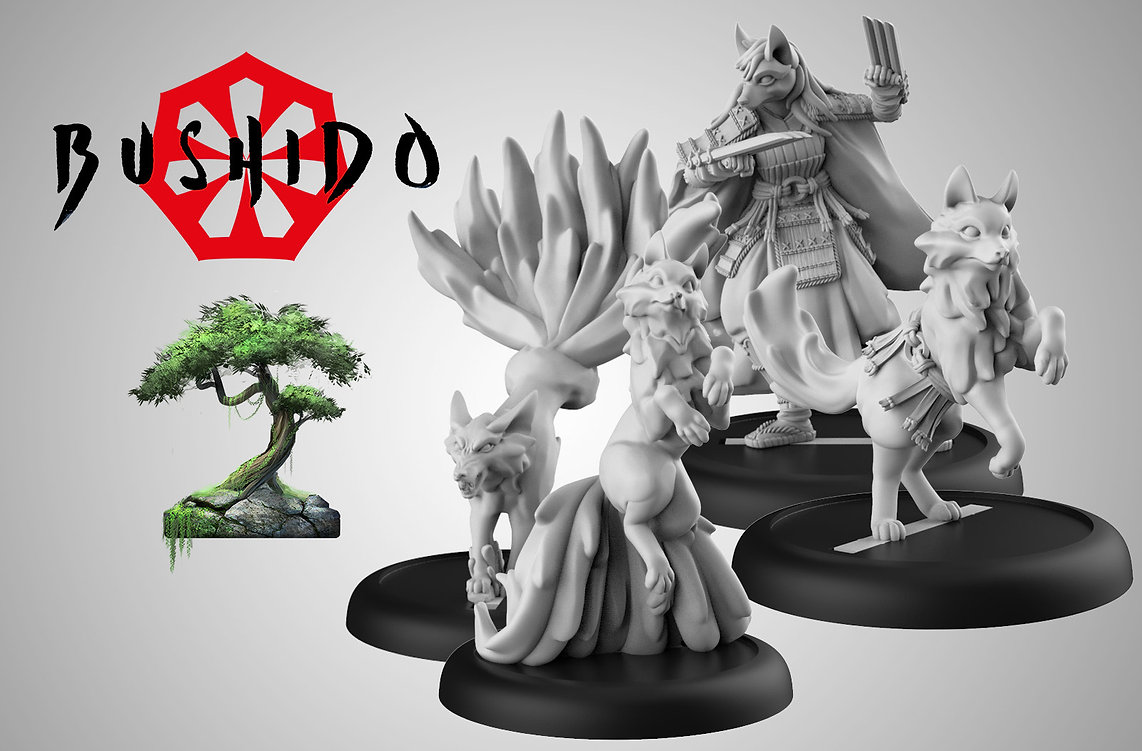 humanoid fox warrior and three foxes model renders