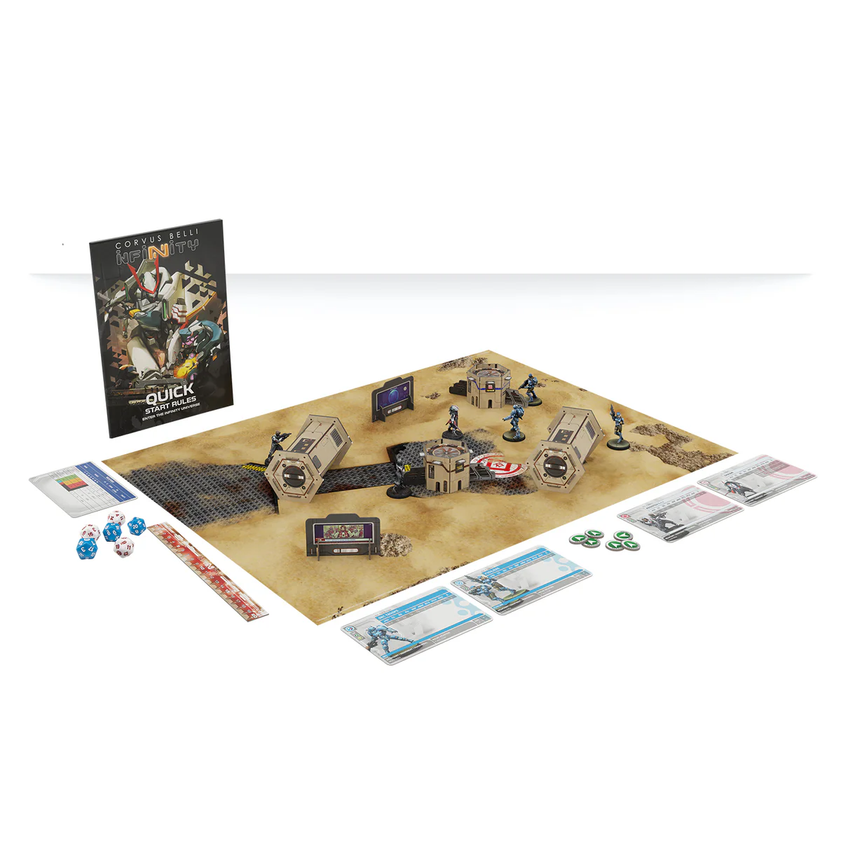 infinity board with terrain and six miniatures
