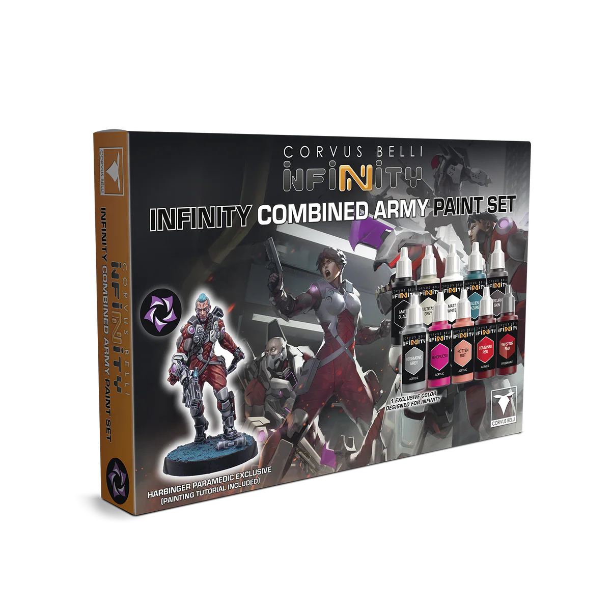infinity combined army paint set with 10 paints and one miniature