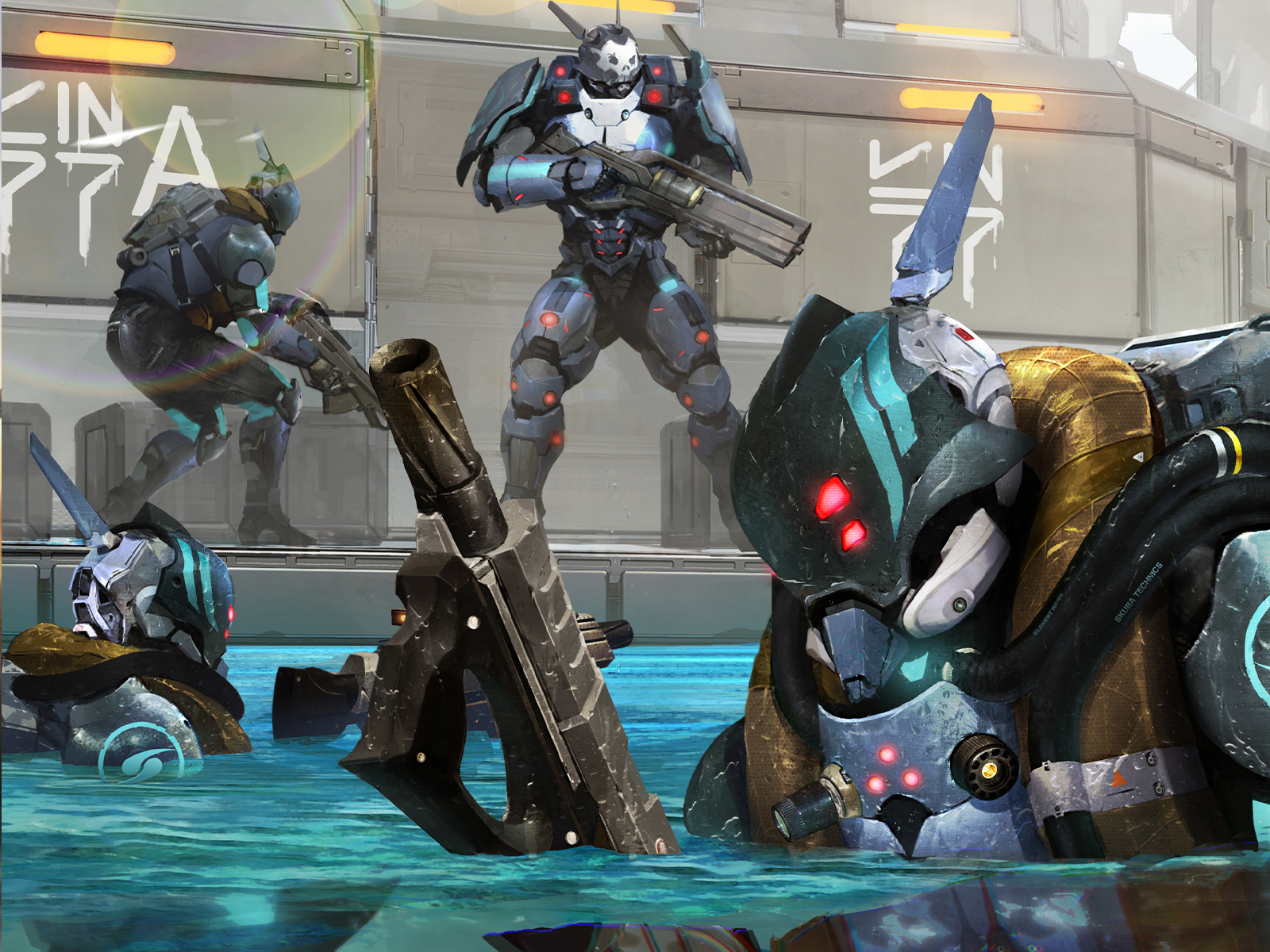 infinity varuna banner featuring four armored soliders at a canal