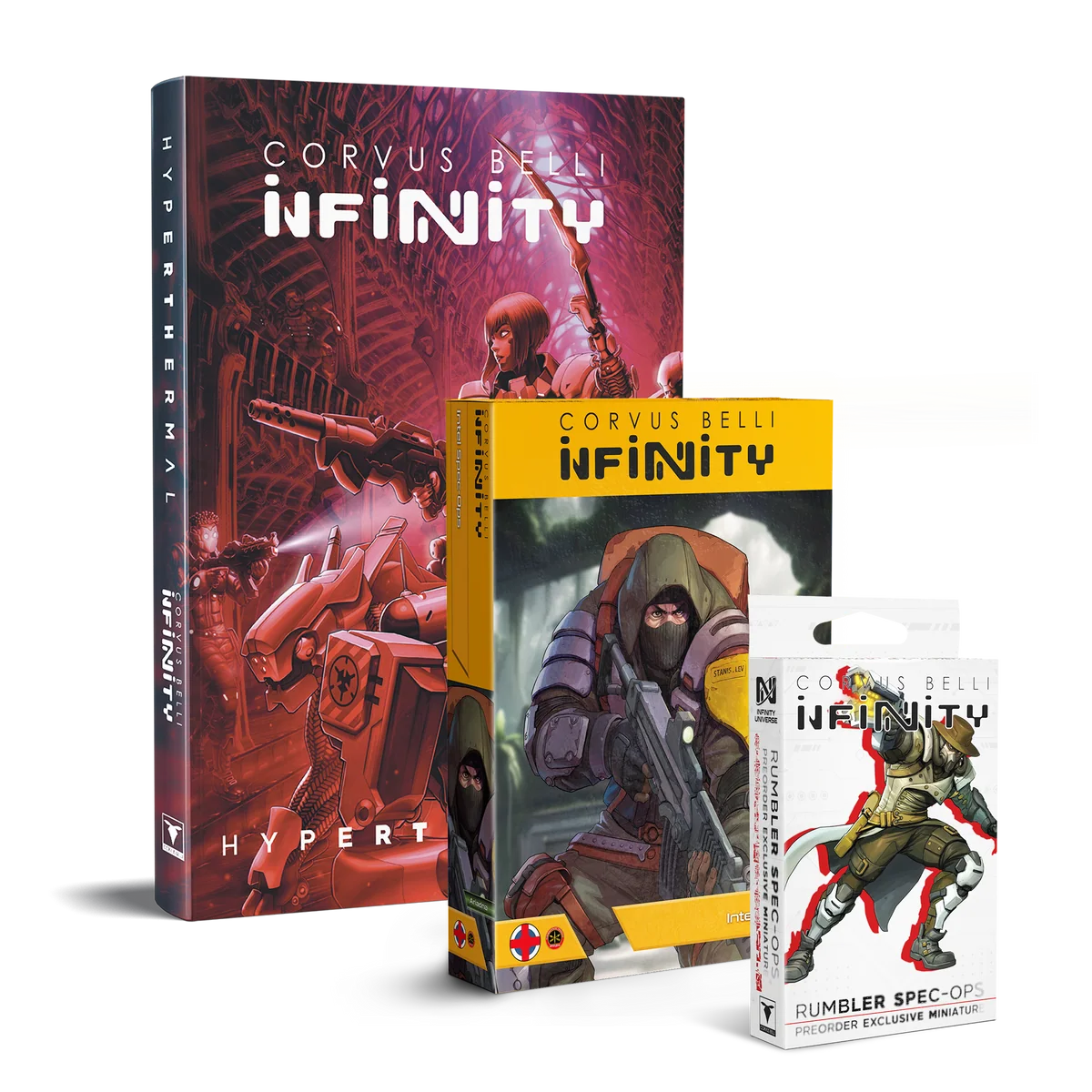 book with red cover, yellow box featuring art of masked rifleman, and white box featuring art of sci fi cowboy