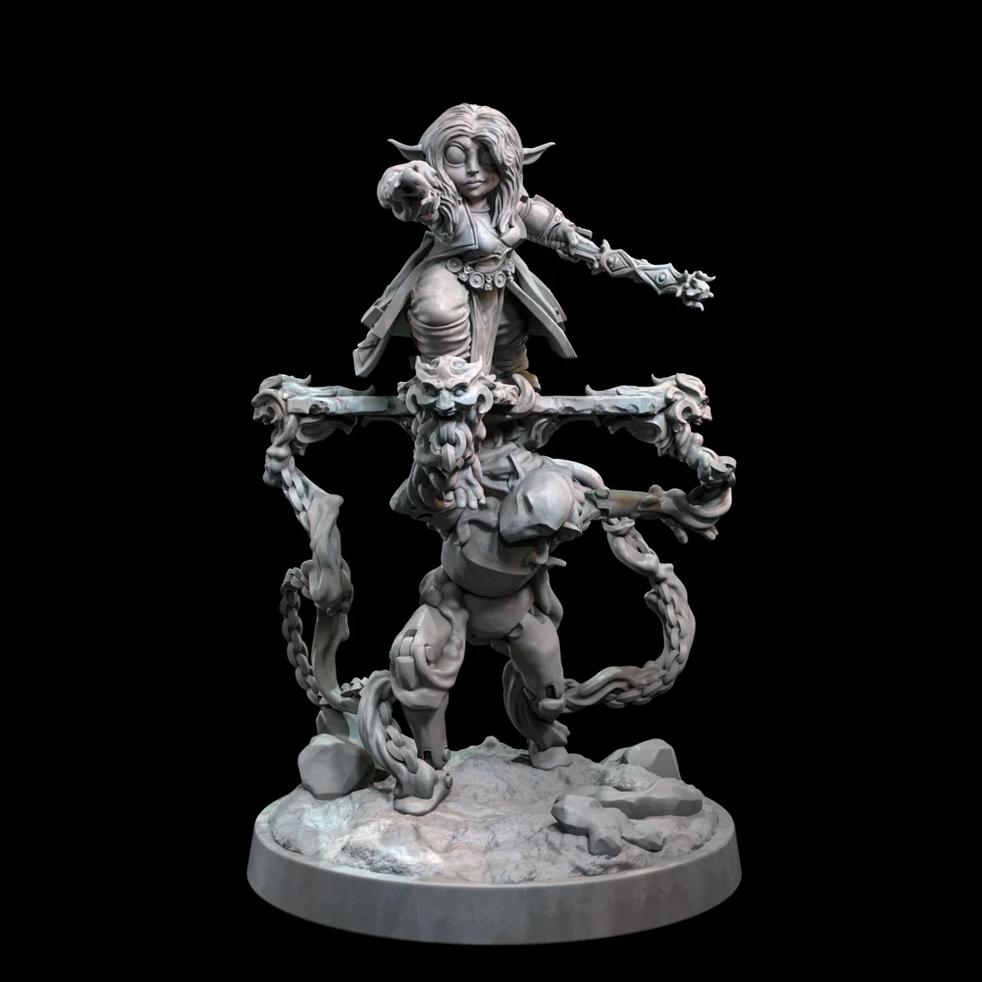 digital render of goblin mage carried by magical ethereal summon miniature