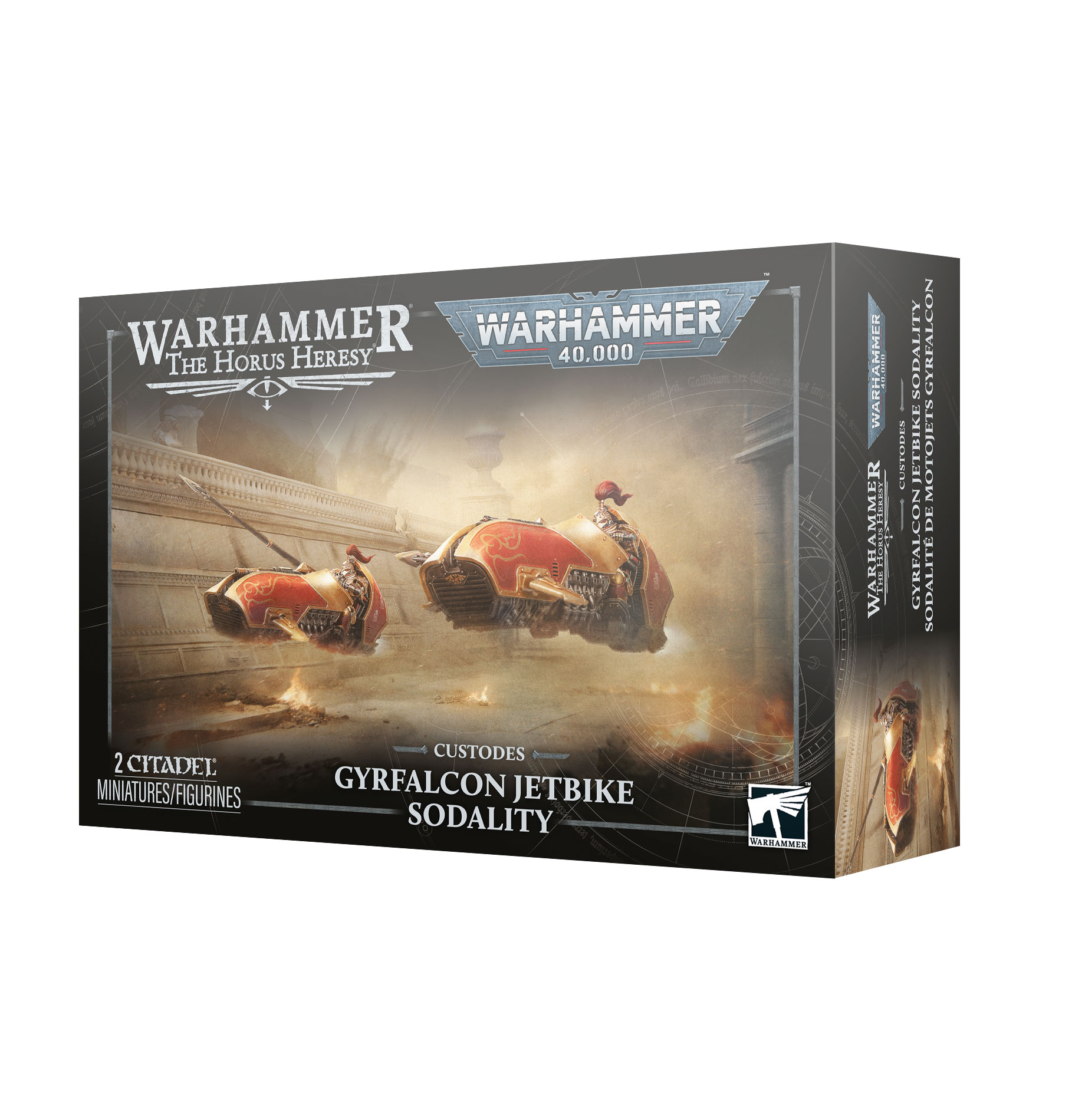 front of box featuring art of two red and gold hover bikes with drivers in red and gold armor
