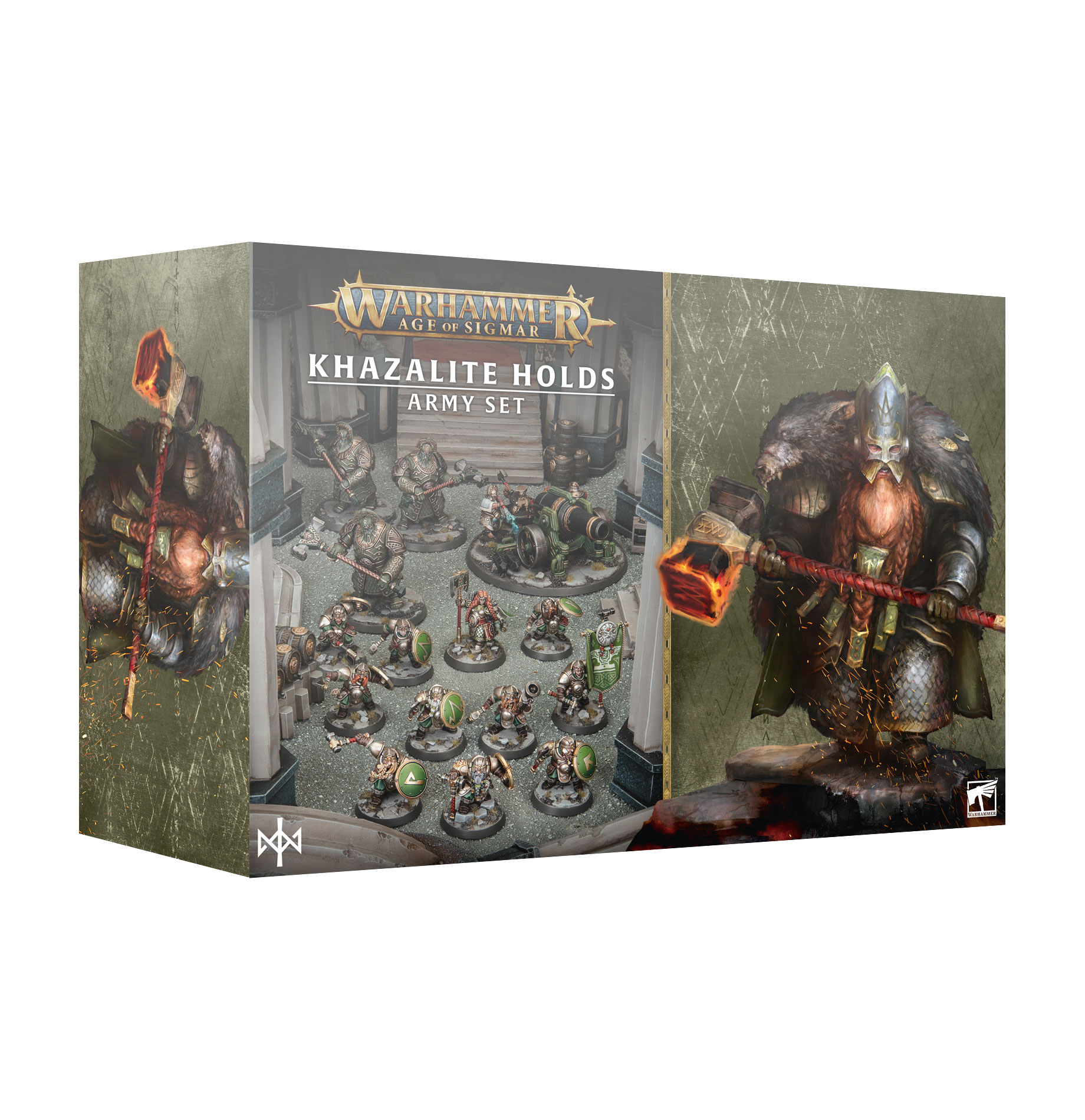 front of box split down the middle. the right side features artwork of a fantasy dwarf with a glowing, flaming hammer and the left side features an image of 15 painted miniatures
