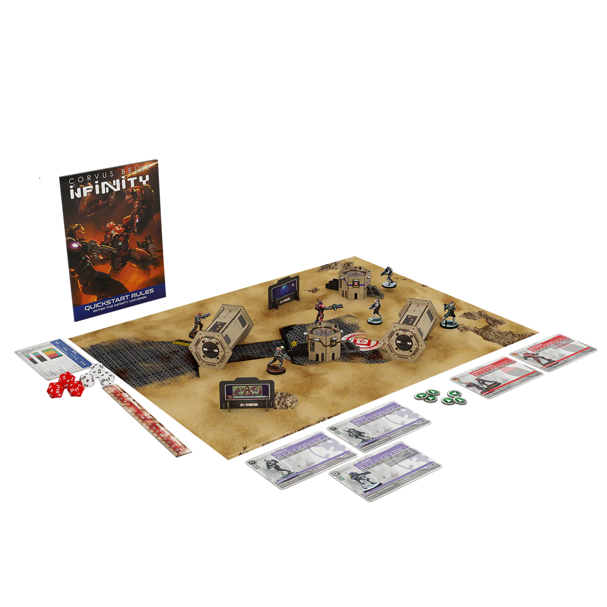 laid out contents including game board rule book and six miniatures