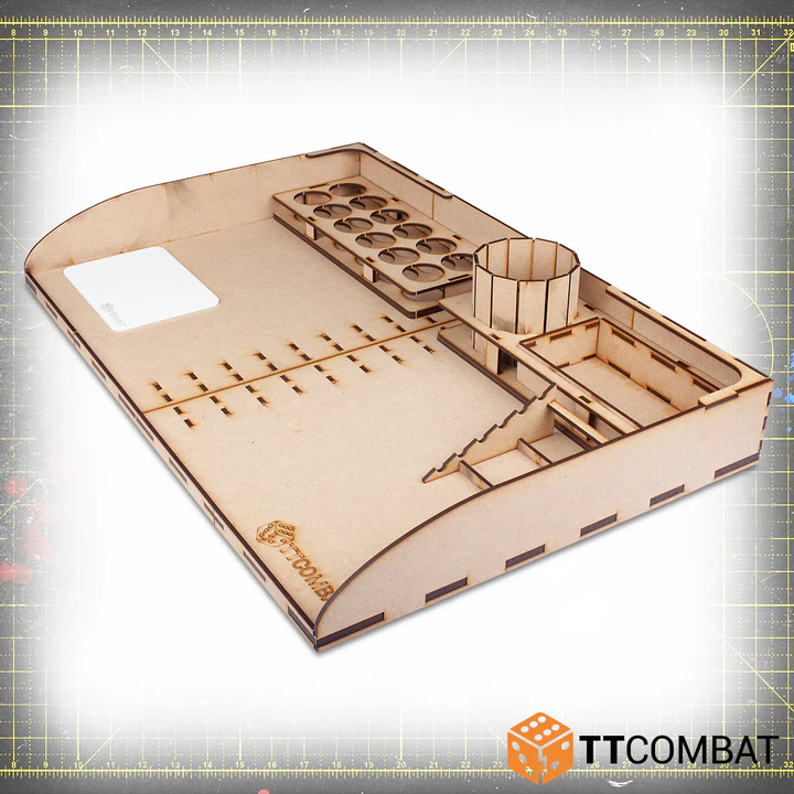 large mdf tray with plastic palette, one large hole, 12 small holes, and 6 slot brush rack