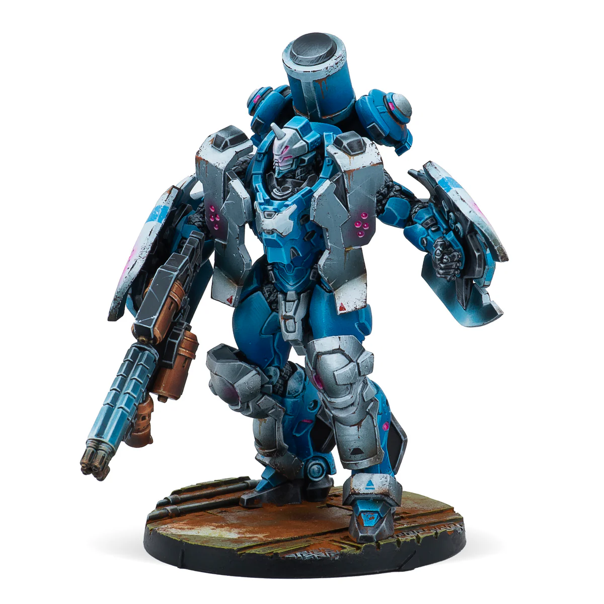 large painted blue and white mecha miniature