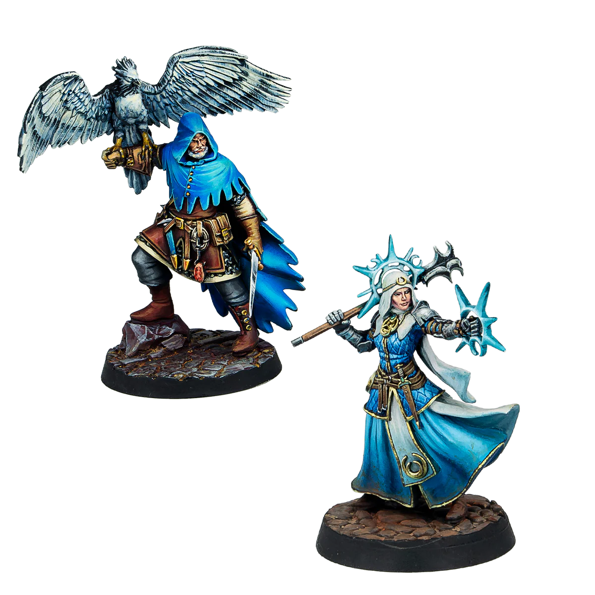 man with falcon and female cleric in blue painted miniatures
