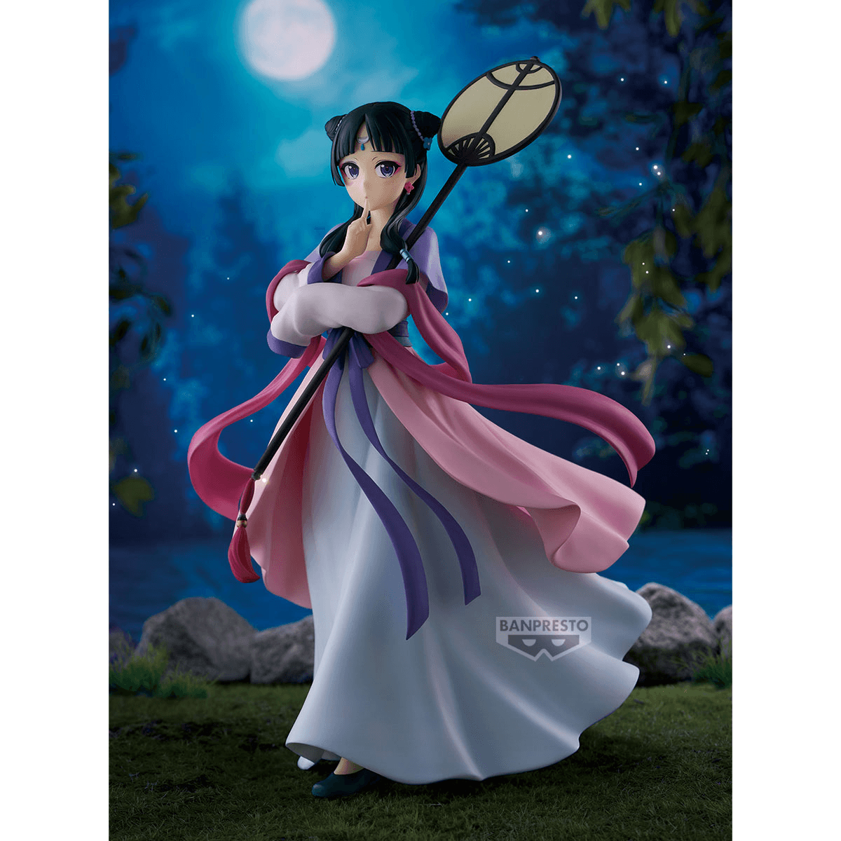 pre painted figure of mao mao from apothecary diaries in a pink and purple traditional dress against a moonlit background
