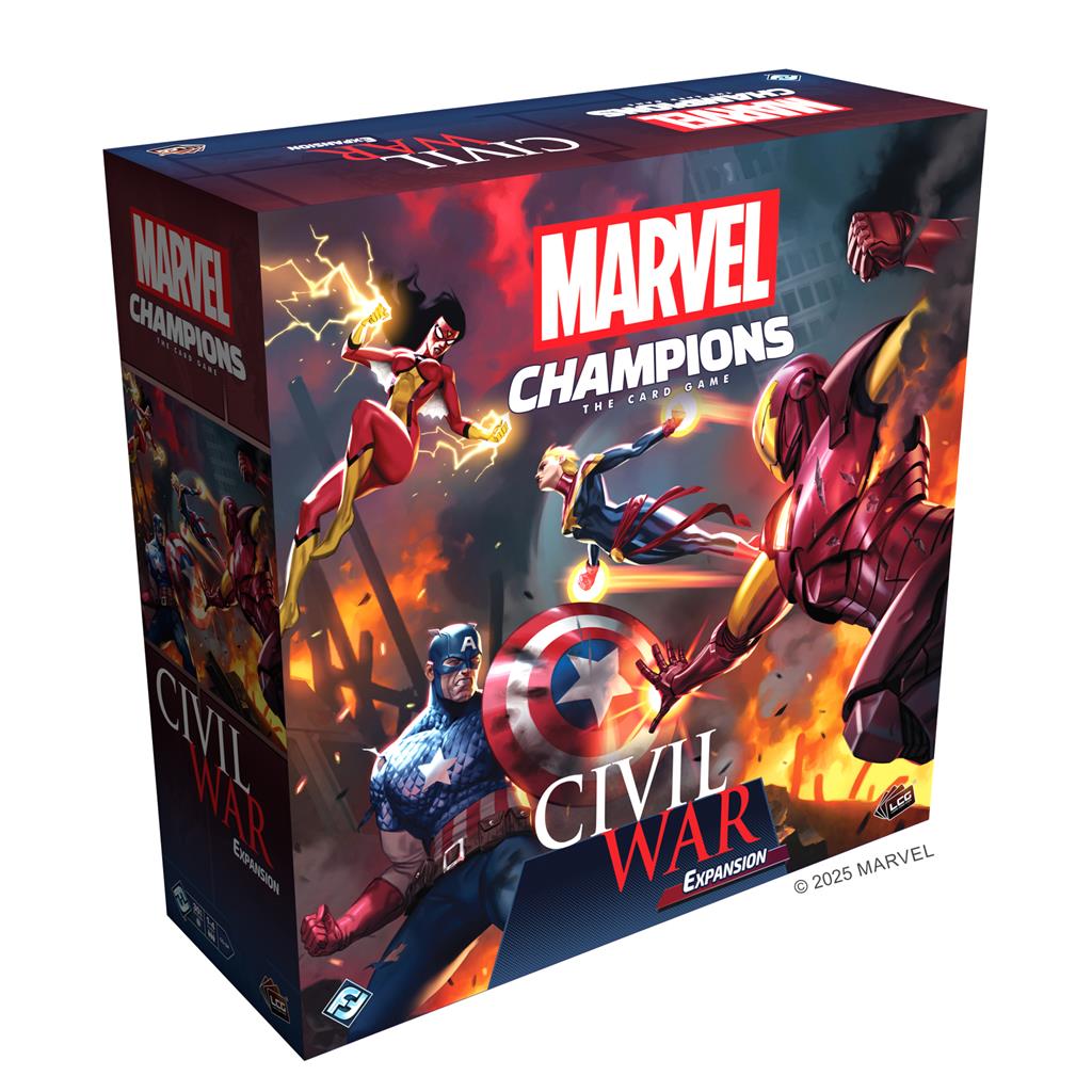 marvel champions civil war box featuring captain america, iron man, spider woman, and captain marvel