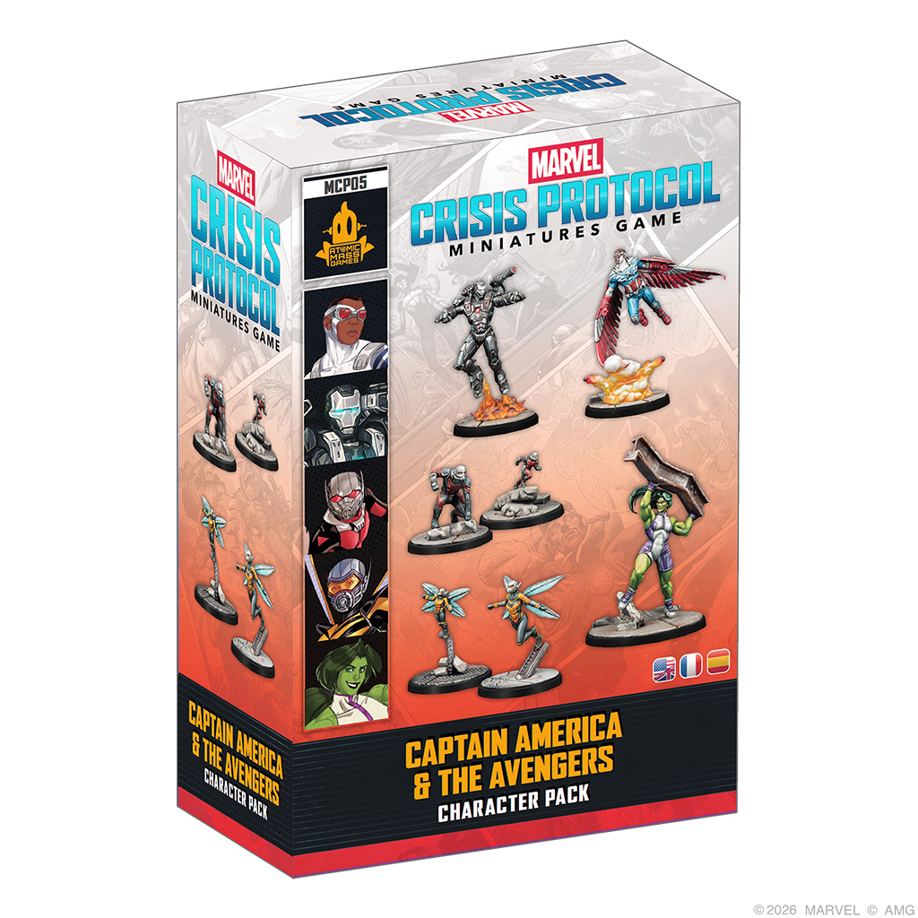 front of box featuring painted miniatures of marvel characters captain america falcon version, war machine, ant man and tiny ant man, wasp and tiny wasp, and she hulk