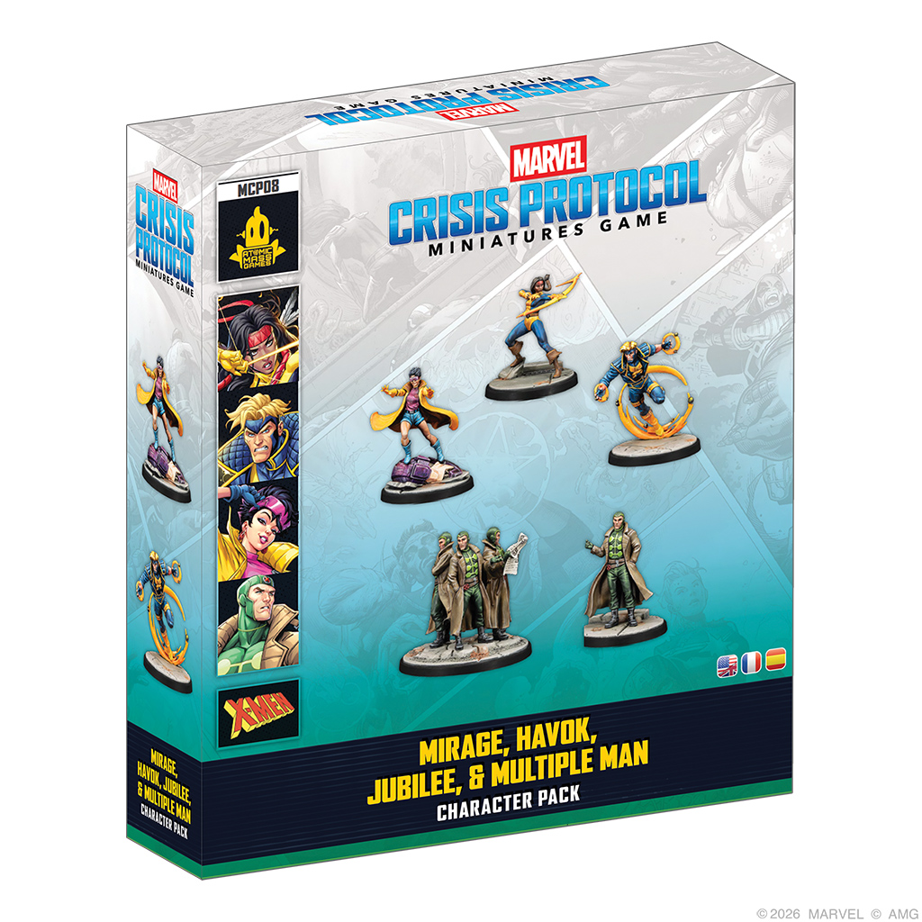 front of box featuring painted miniatures of bow wielding woman in yellow and blue, 80s themed woman in yellow jacket, flying man in blue and yellow, and four copies of man in brown trenchcoat