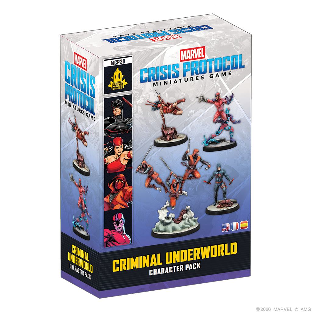 front of box featuring painted miniatures of martial artist woman in red, three ninjas in red, man in black suit, and alien in red suit