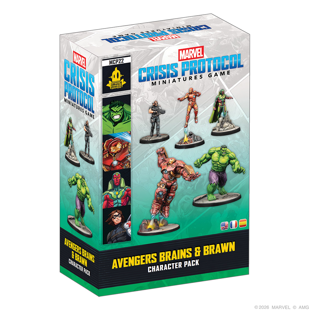 front of box featuring painted miniatures of marvel characters huge iron man suit, the hulk, winter soldier, small iron man suit, and vision