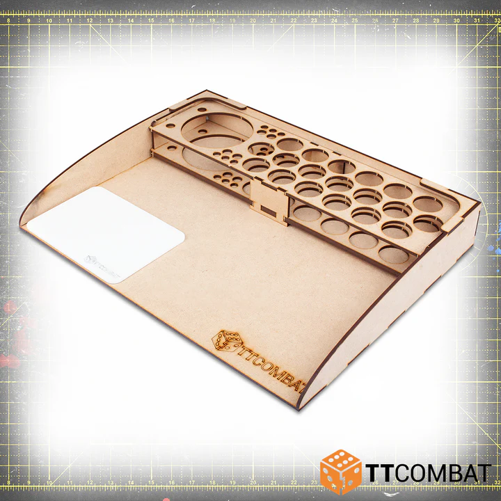mdf tray with plastic palette, one large hole, and 19 small holes