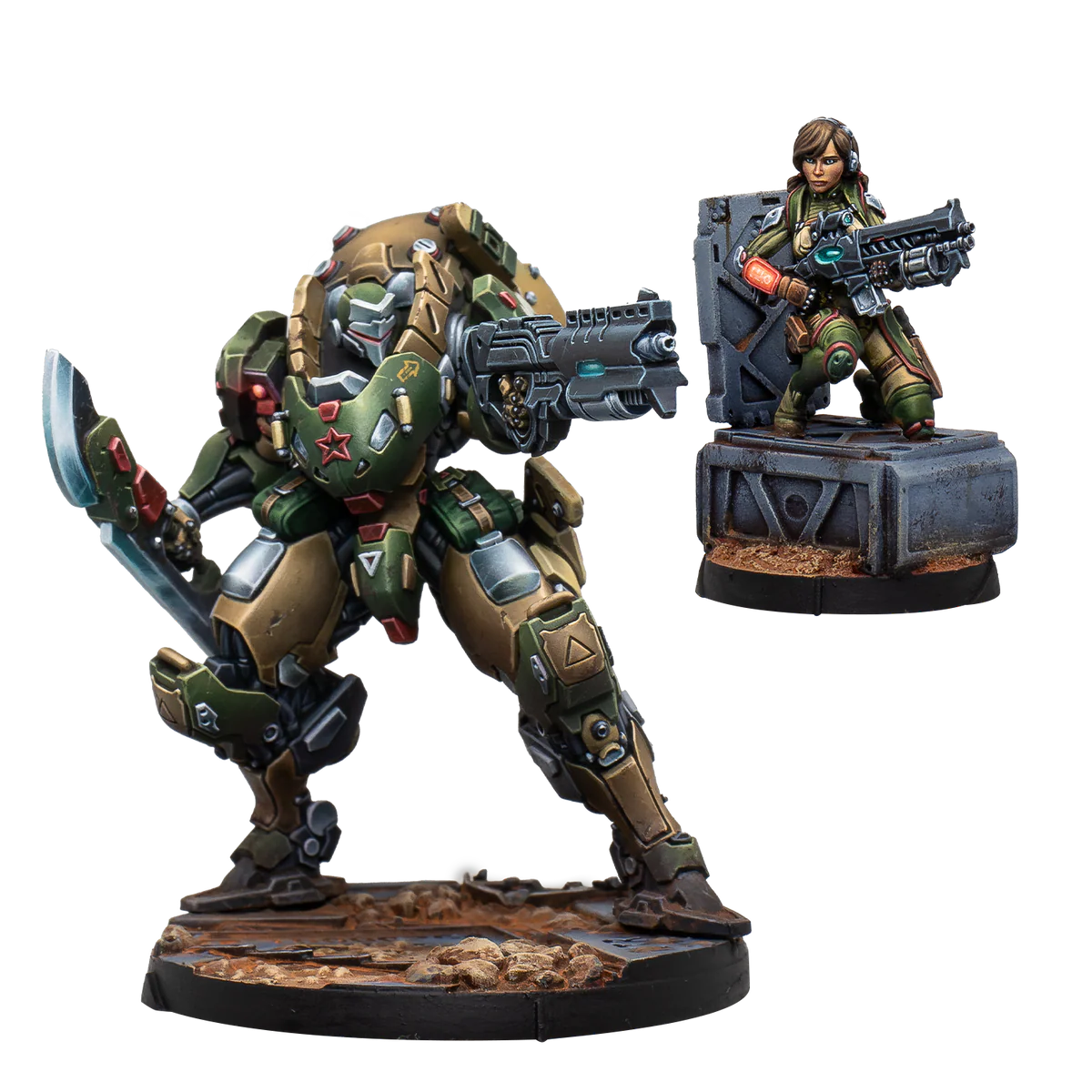 mech suit and woman with rifle painted models