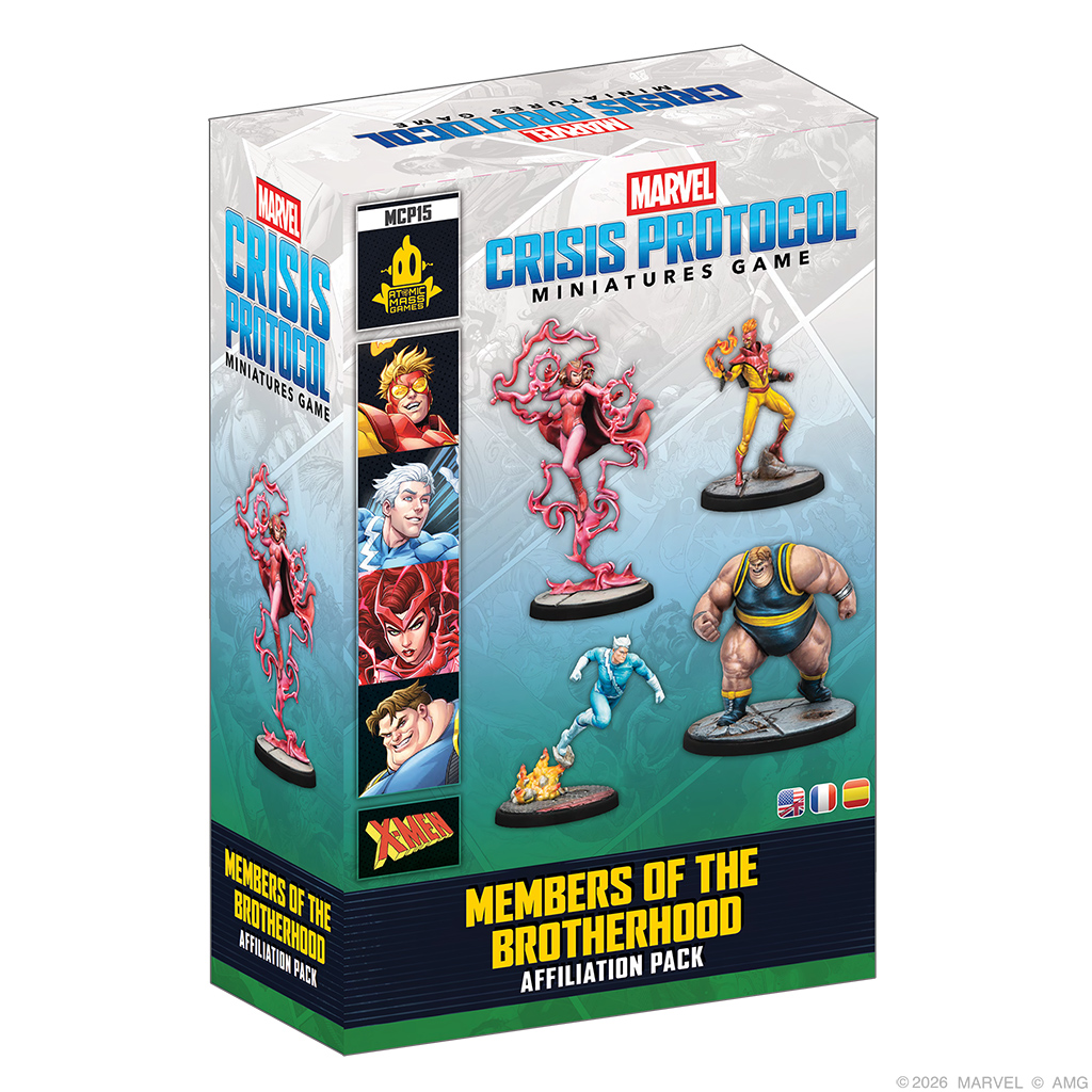 front of box featuring four painted miniatures, a sorceress in red and pink, and flame superhero in red and yellow, and large wrestler in yellow and teal, and a white haired speedster in blue
