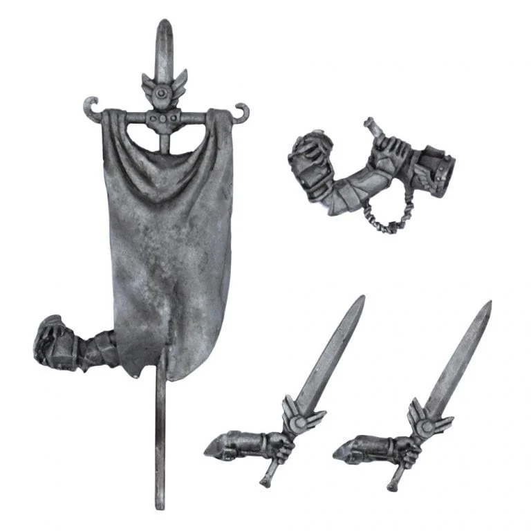 metal banner, horn, and swords