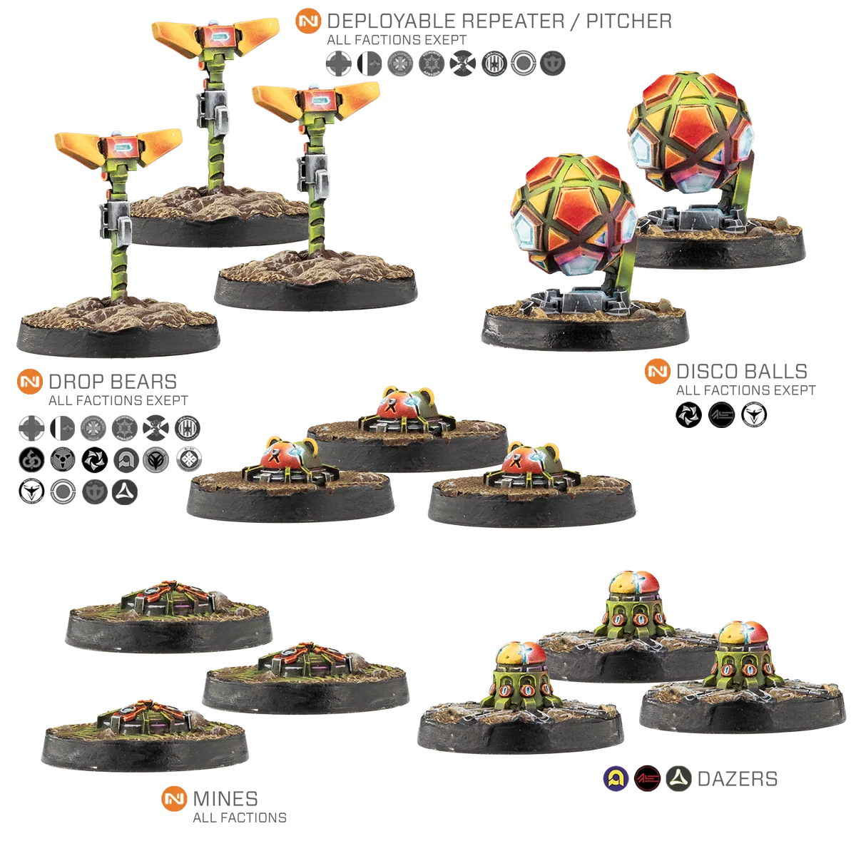 nine painted mine miniatures two painted orb miniatures and three painted drill miniatures