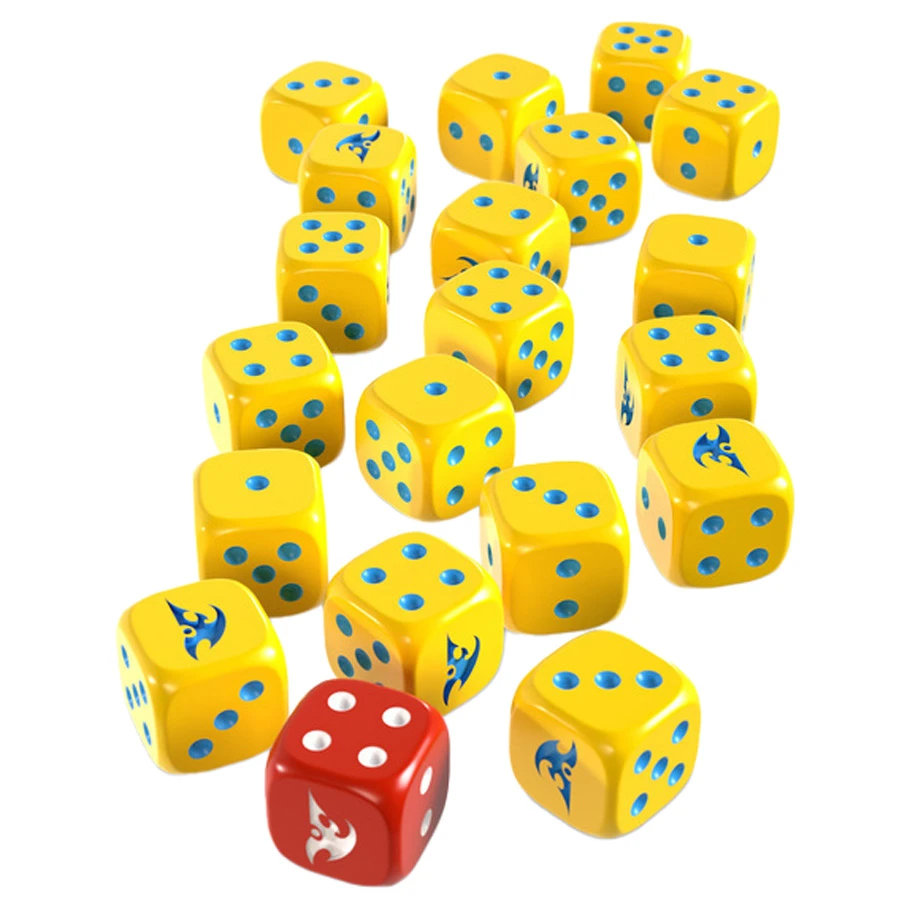 nineteen blue and yellow dice and one red and white die