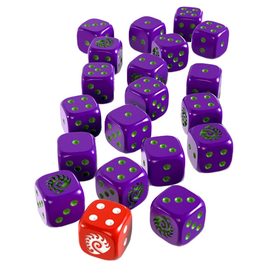 nineteen purple and green dice and one red and white die