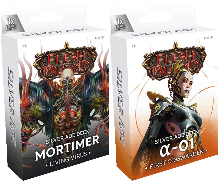 one deck featuring mechanical fungus zombie and one featuring steampunk cyborg woman