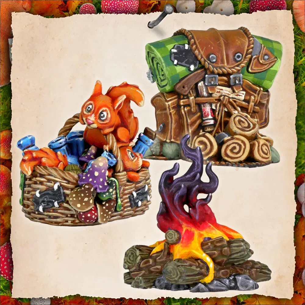 one painted camp fire and two painted camping supplies