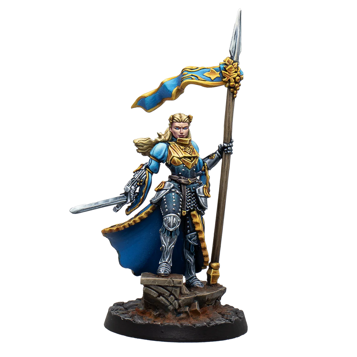 one painted female knight with banner
