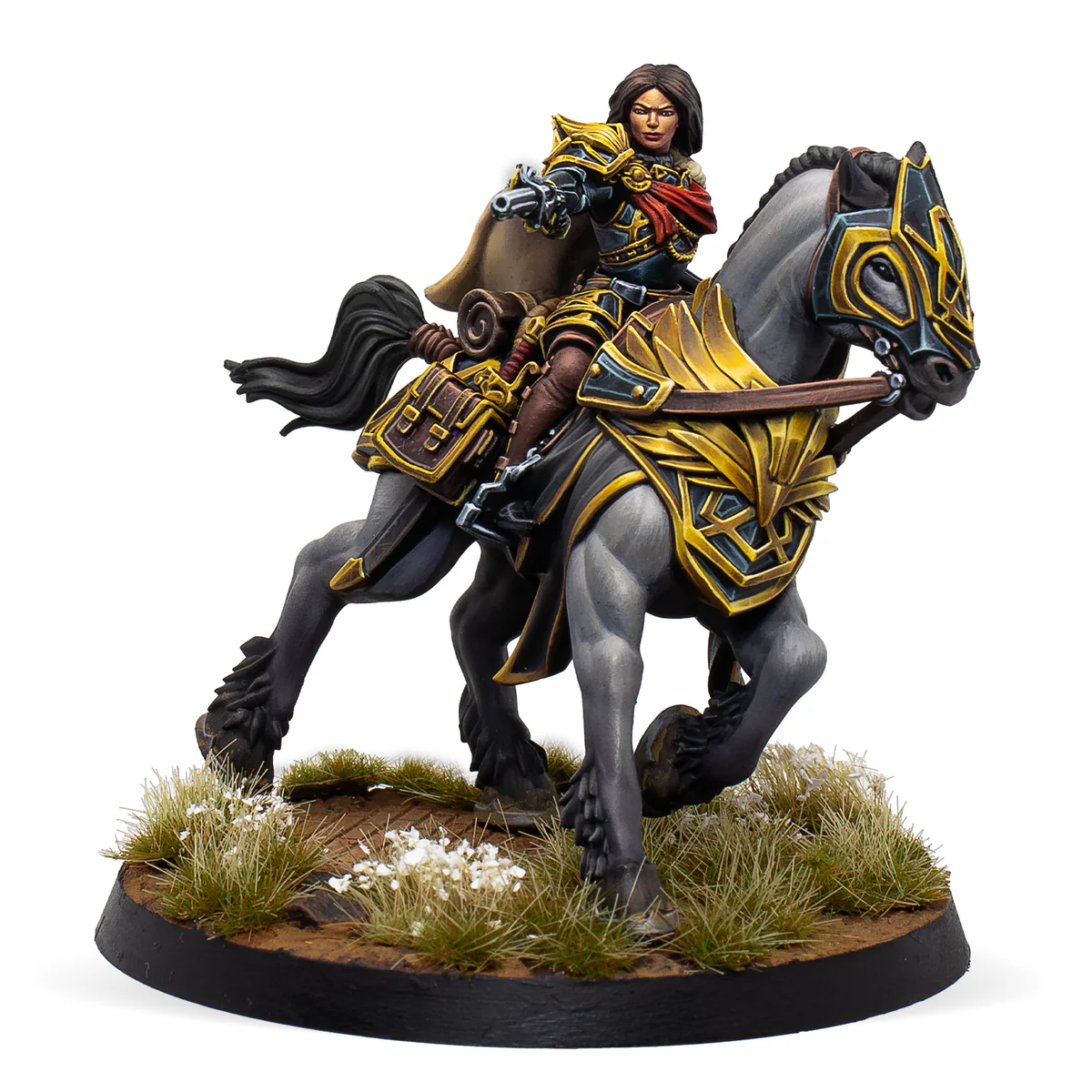 one painted hetman on horse miniature in black and gold armor