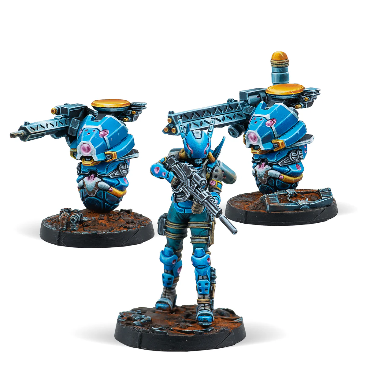one painted human miniature and two painted robots in white and blue