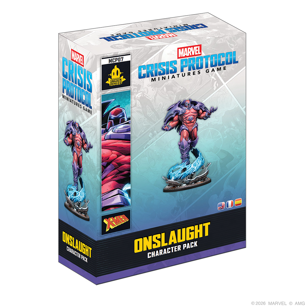 front of box featuring painted miniature of huge villain in a red and purple suit of armor
