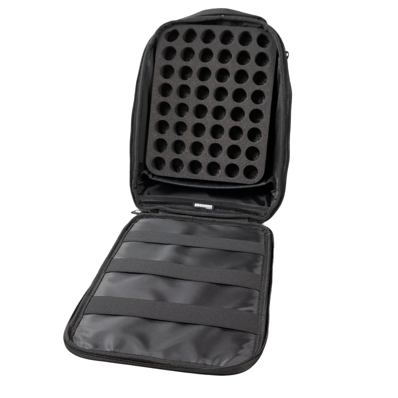 open bag with foam slots for paint bottles