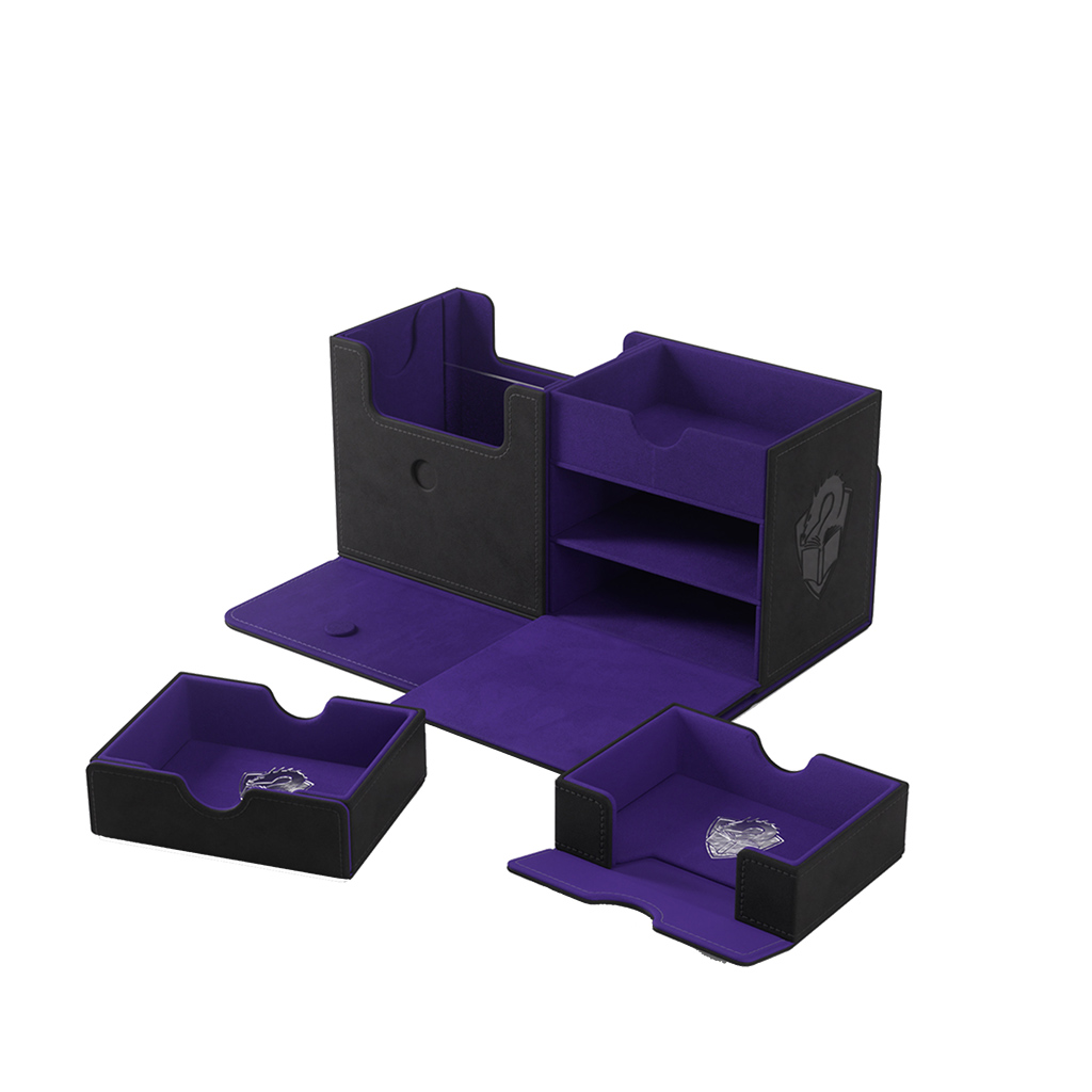 open black deck box with purple lining