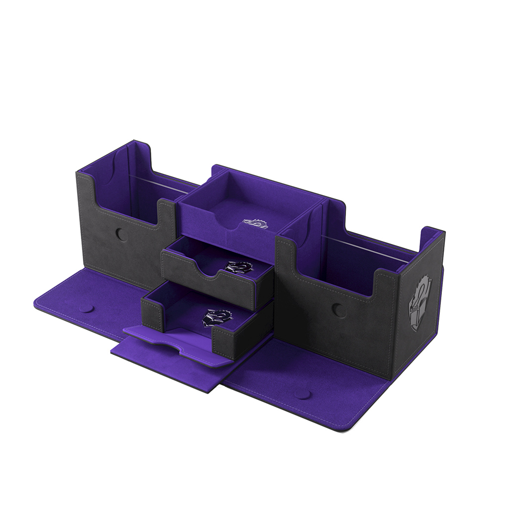 open black double deck box with purple lining