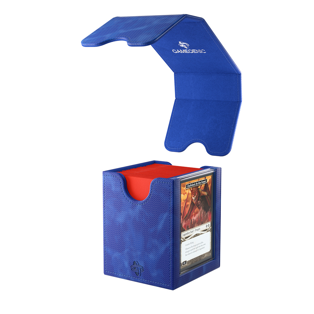 open blue deck box with top loader slot and detachable lid