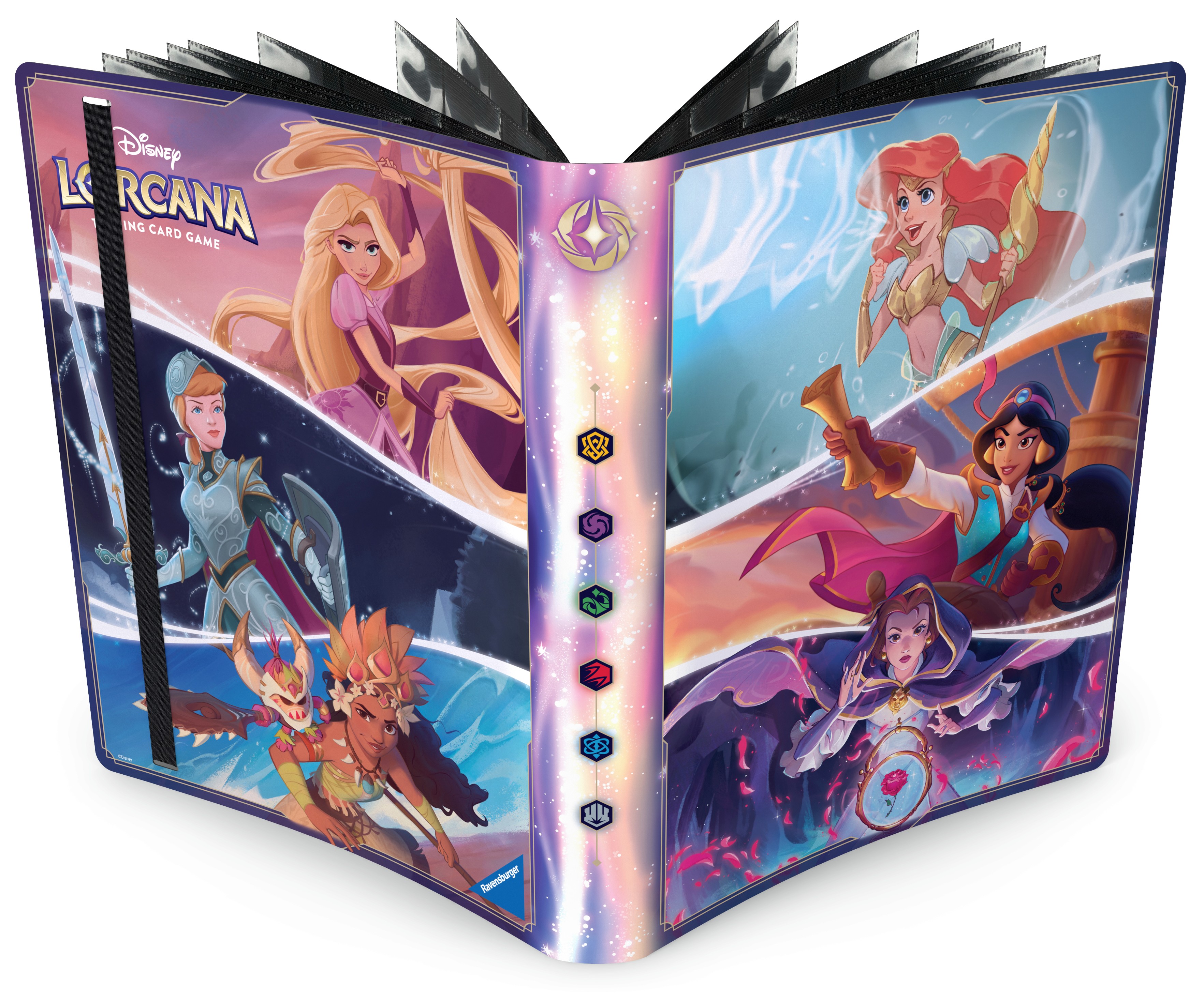 open card binder featuring rapunzel, cinderella, moana, ariel, jasmine, and belle
