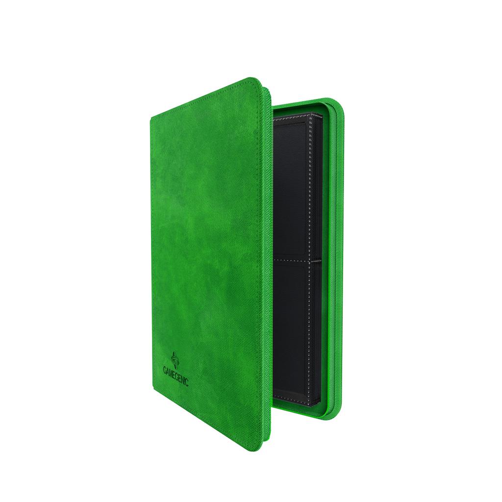 open green binder with black pages with four slots per side