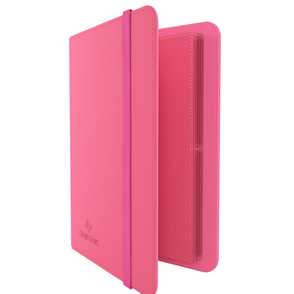 open pink binder with elastic strap and pink pages with four slots per side