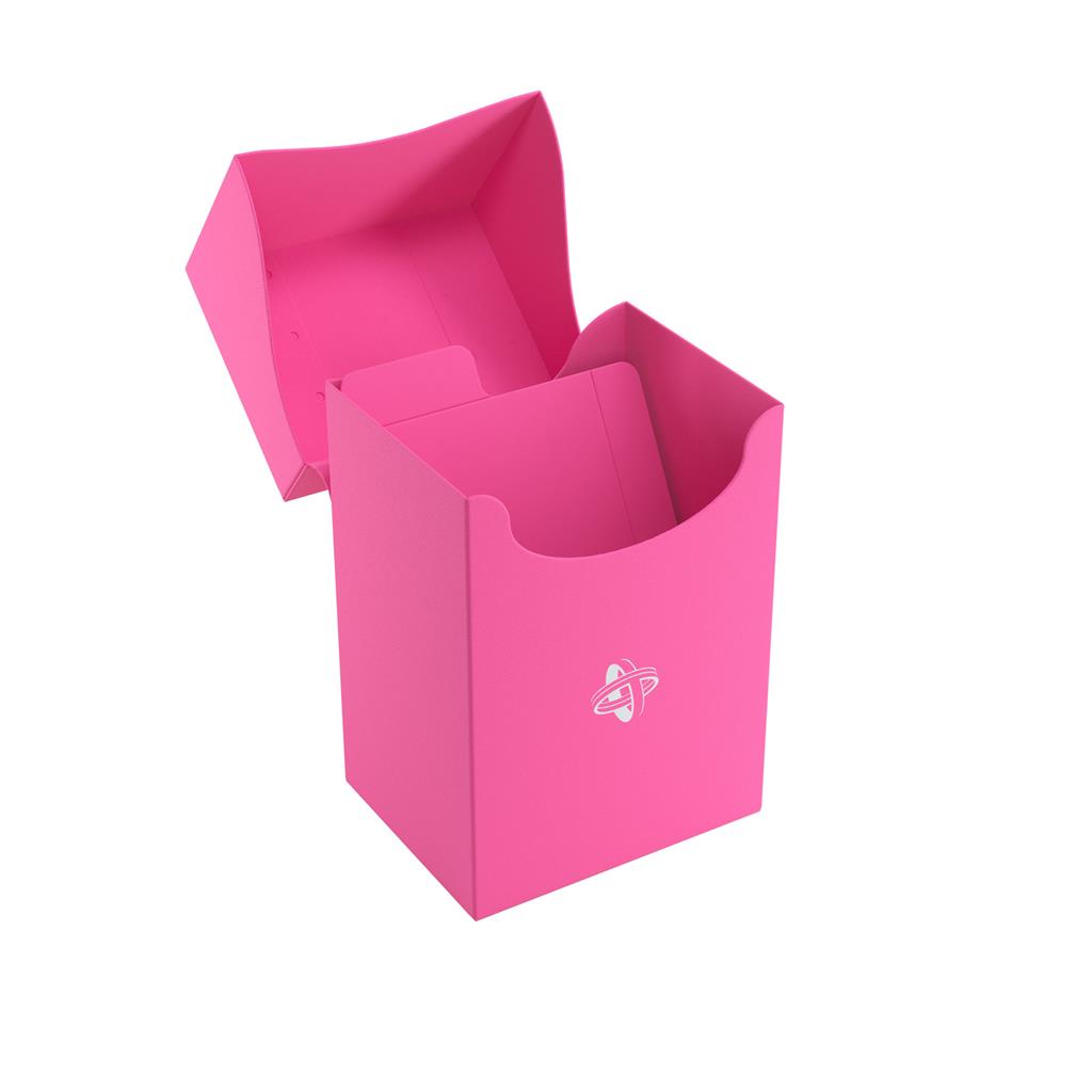 open pink plastic deck box with attached lid