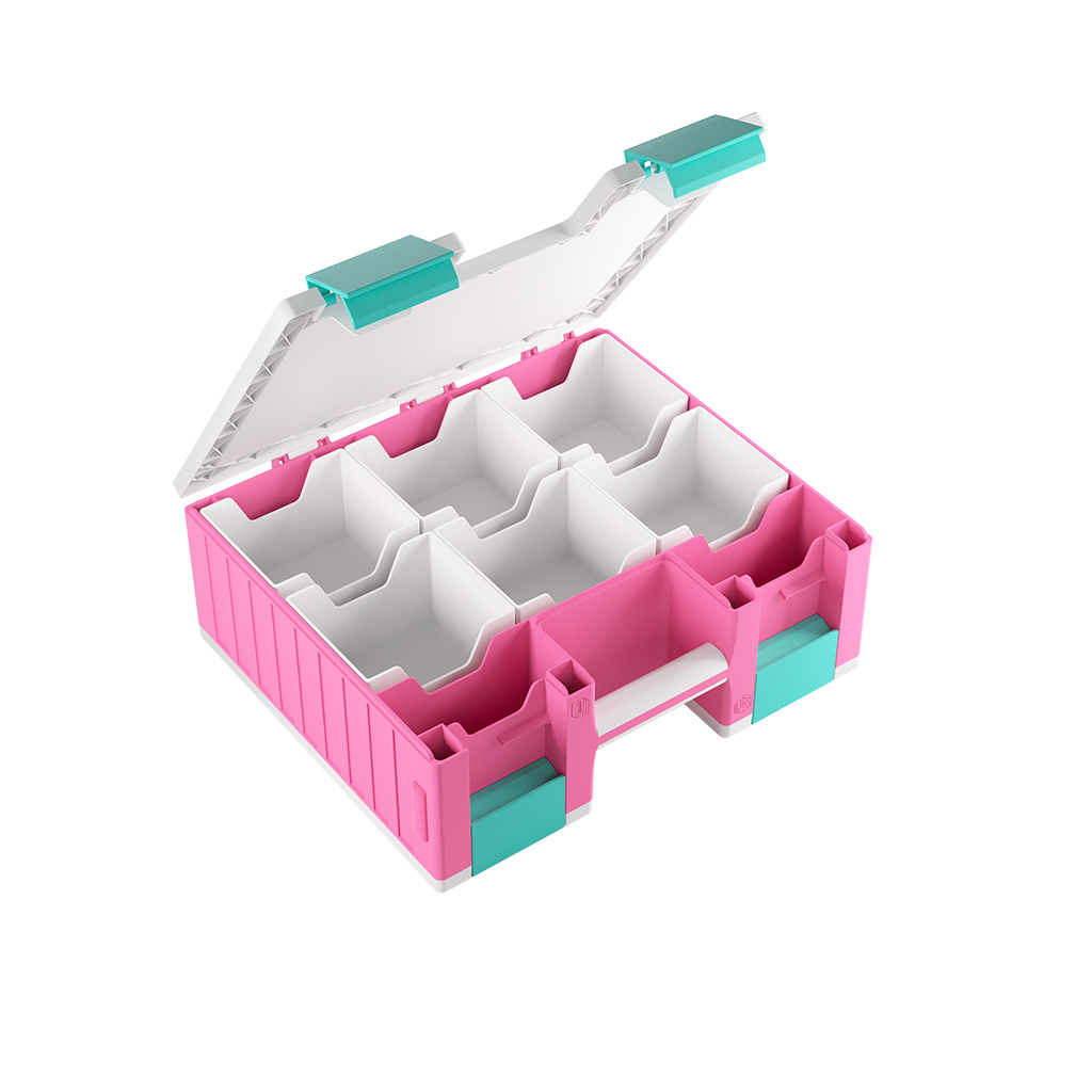 open pink, teal, and white game castle organizer