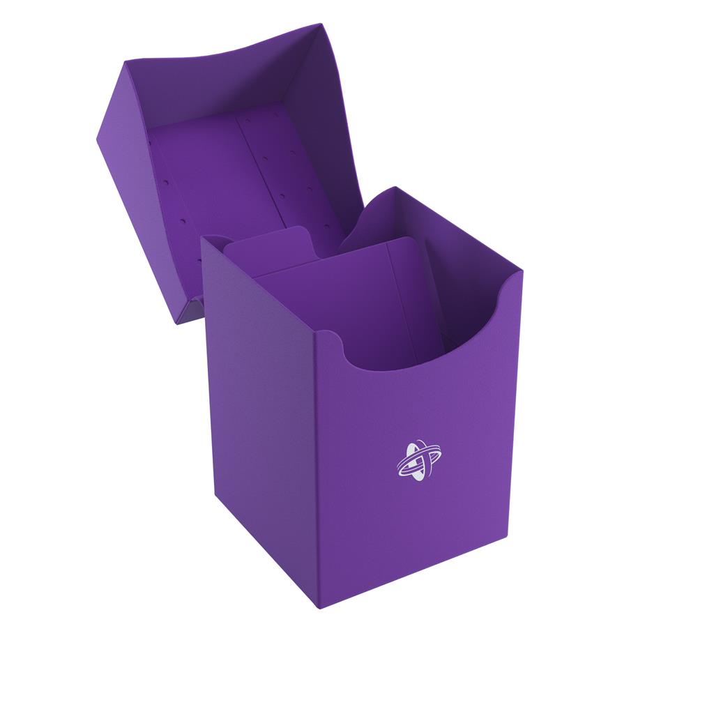 open purple plastic deck box with attached lid