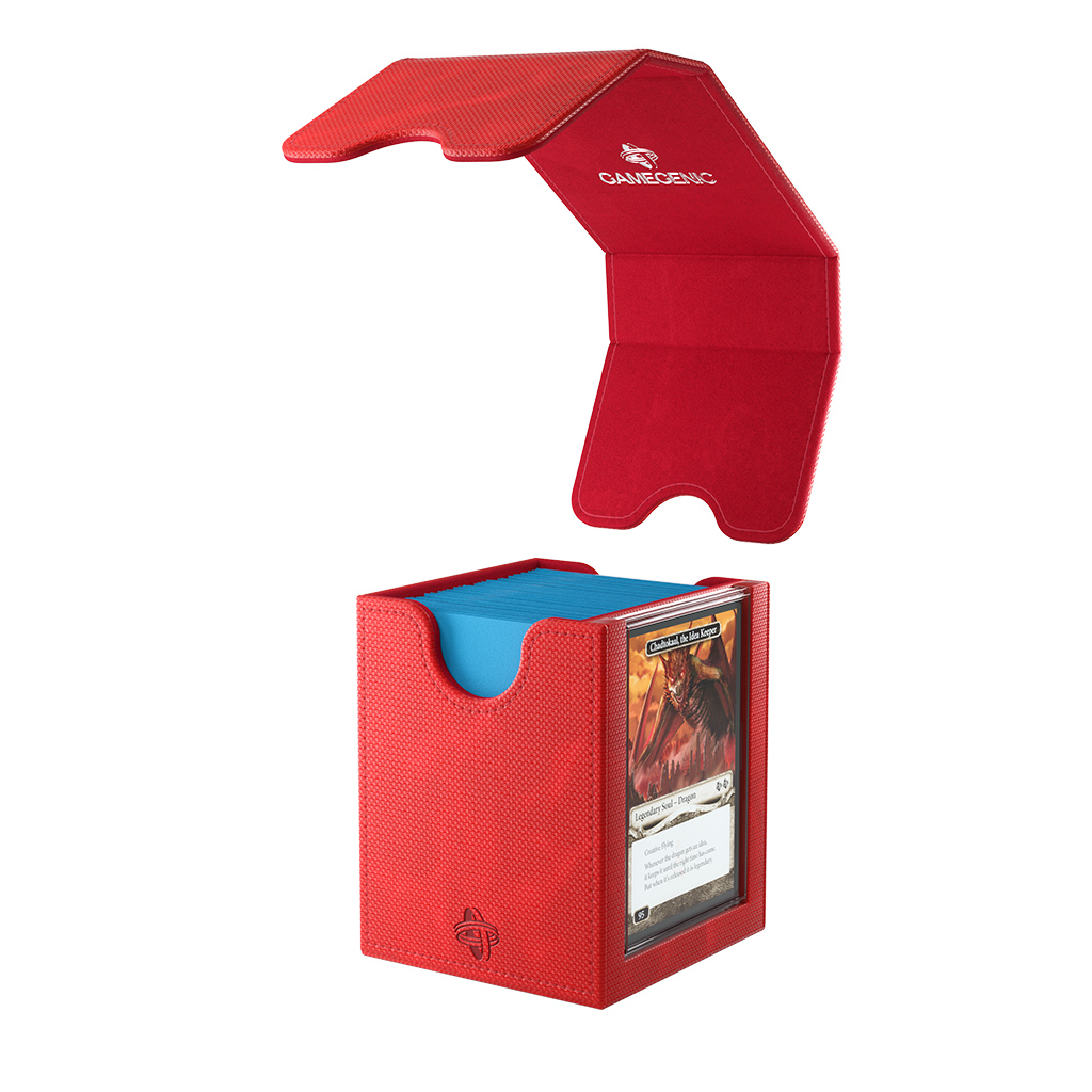 open red deck box with top loader slot and detachable lid